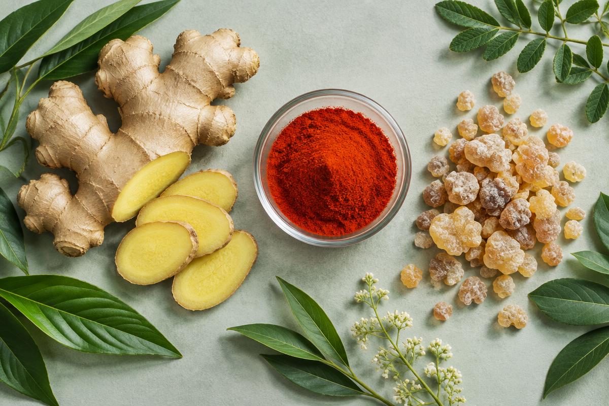 Illustrative botanical still life with sliced ginger and frankincense resin